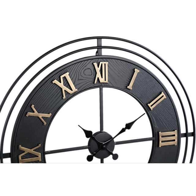 Azzer Black iron wall clock wooden inlay round