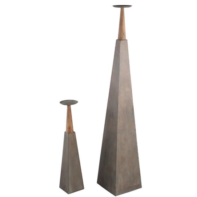 Cinder Gray metal piramid candleholder with wood