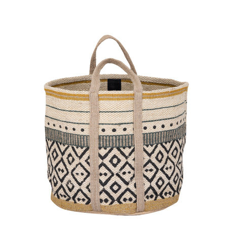 Reah Yellow jute round basket green lines